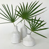 Collection of 3 white Mediterranean vessels with palm fronds. Size medium, tall and wide shown, each sold separately. Organic ceramic vases finished in a thick, white, glossy glaze.
