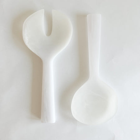 Set of two resin salad servers. Shatter resistant white resin. Outdoor serving pieces. 11.5" long.