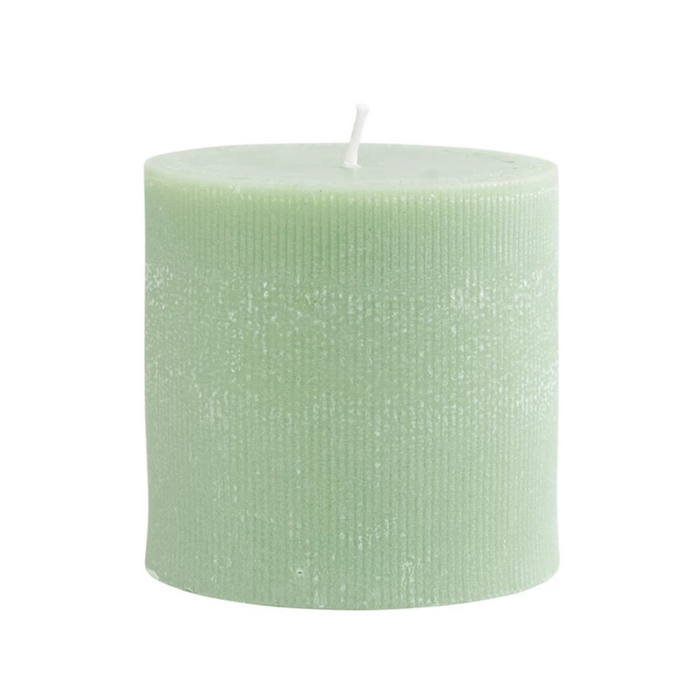 Ribbed pillar candle  in holly green with a powdered finish. 4" x 4" unscented candle. 80 hour burn time. Holiday decor.