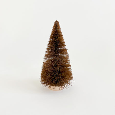 Cinnamon color bottle brush tree with natural wood base. Available in small 6" or medium 9".