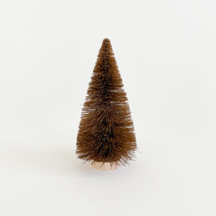 Cinnamon color bottle brush tree with natural wood base. Available in small 6" or medium 9".