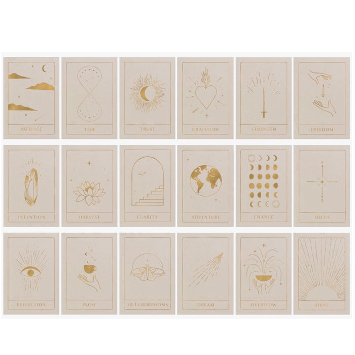 Set of 18 cosmic intention cards. Each card has a unique symbol and intention embossed in gold foil print. Made of high quality natural colored finnboard. Approximately 3" x 4".