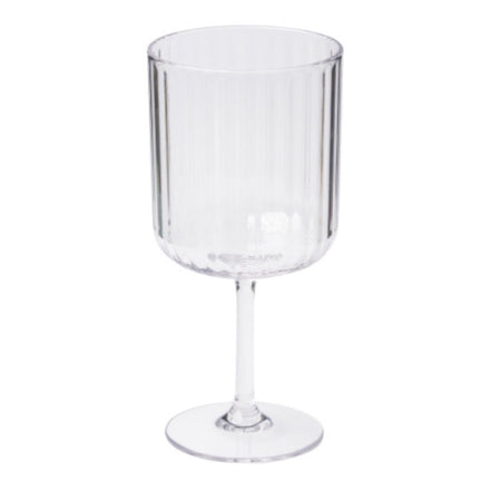 Clear fluted modern stemware made of clear BPA free shatterproof acrylic. Dishwasher safe on top rack. Holds fluid 17 oz.