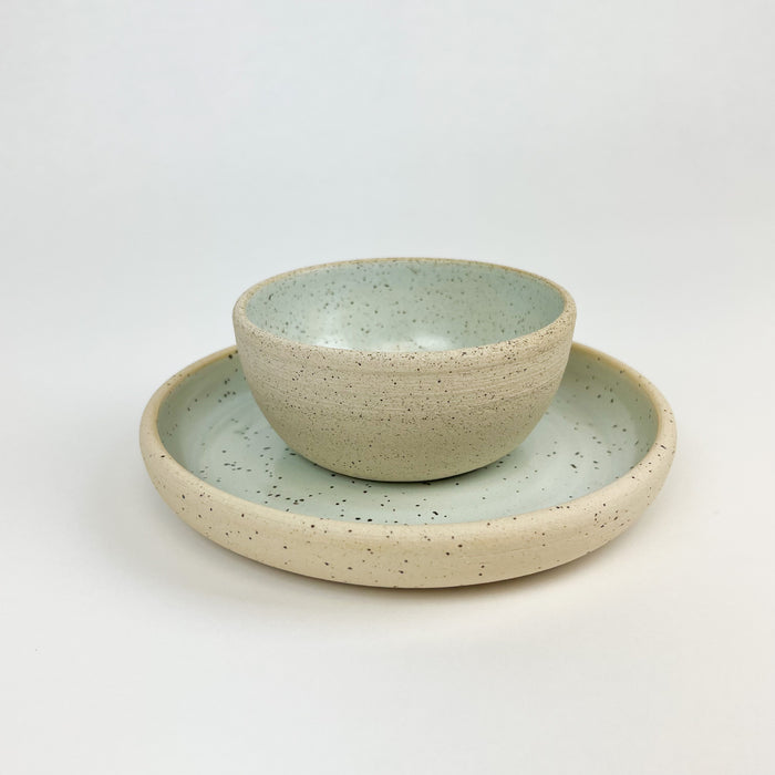 Mini Momo dish and Chibiko cup both shown in the sea mist glaze. Coastal inspired stoneware. Hand crafted in Hawaii. Each piece sold separately.