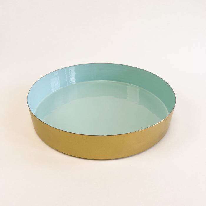 Small Laguna brass tray. Round brushed brass tray with a glossy surf blue enamel interior. Small measures 12" diameter, 2" height. Coordinates with the medium and large Laguna trays, each sold separately.