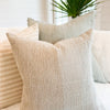 Gathering of throw pillows featuring the Seagrove pillow, Linen fringe pillow and the White sands pillow. Each sold separately. Coastal decor.
