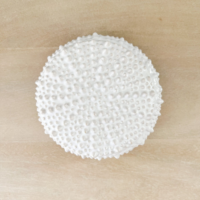 Top view of the beautifully textured urchin ceramic box. The perfect catch all for treasures, keys or coins. Finished in a glossy white glaze. 4" diameter, 2.75" high.
