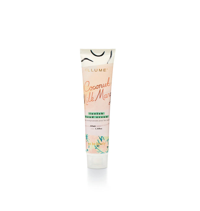 Coconut Milk Mango demi size hand cream. Notes of pineapple, freshly cut mango, nectarine and gardenia. The perfect size for purse or travel. 1.4 fluid oz.