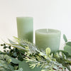 Ribbed pillar candles in holly green with a powdered finish. Unscented candles. Holiday decor. Multiple sizes available.