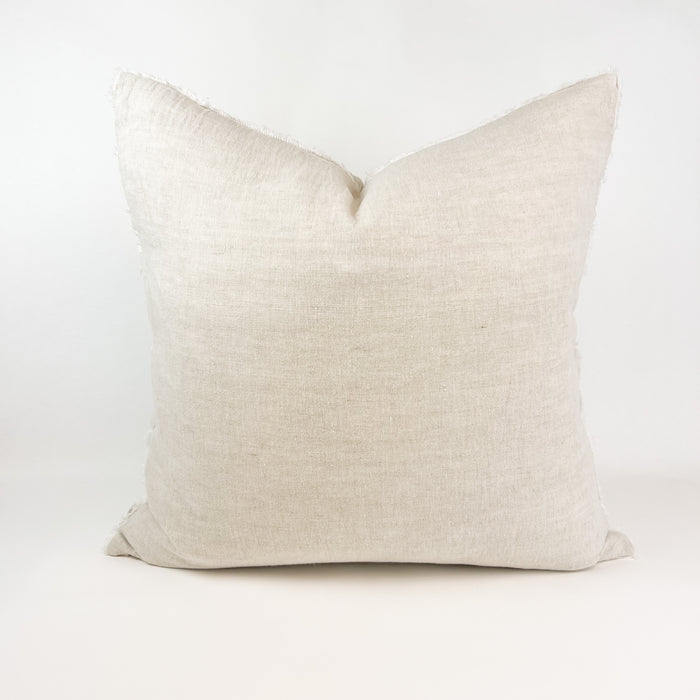 Linen fringe pillow shown in oat chambray is the perfect accent for casual luxury living. 24" square, generously proportioned and filled with a soft down insert. It's our favorite foundation pillow for layering with other patterns and textures.