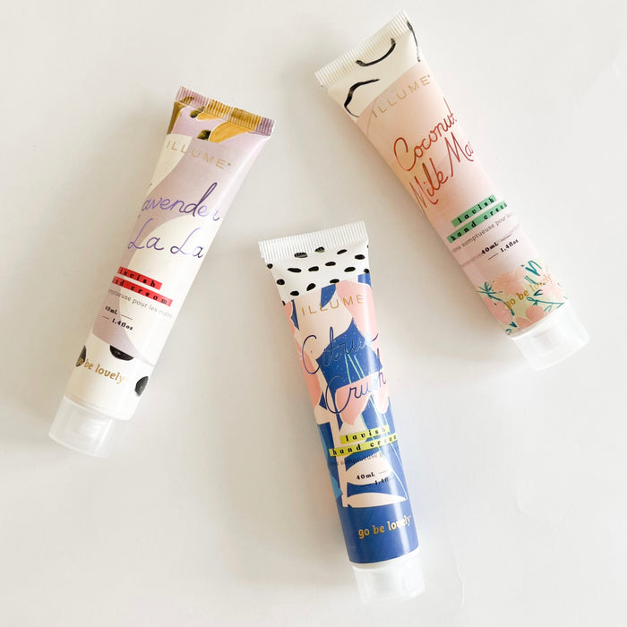 Collection of demi size hand creams in three scents. Lavender, Citrus Crush and Coconut Milk Mango. Each sold separately. Perfect size for purse or travel. Holds 1.4 fluid oz.