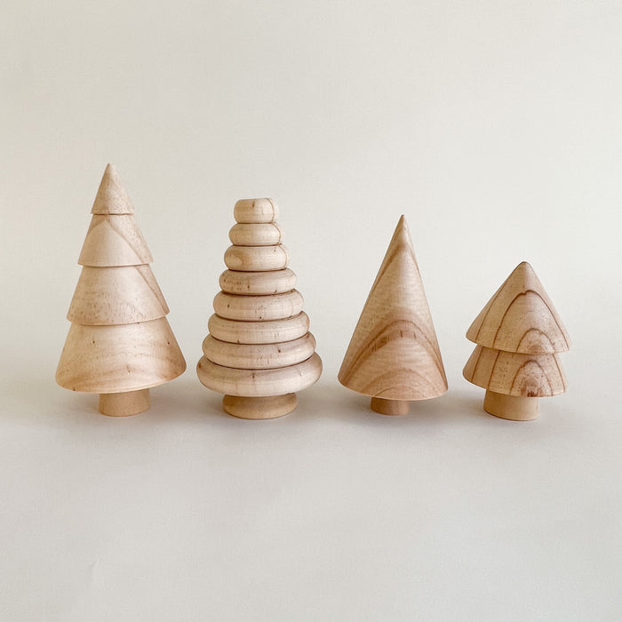 Set of 4 natural Pinewood mini trees. Natural holiday accent for the home. 