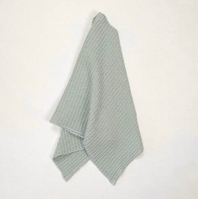Simple waffle hand towel in sky blue. Made by Hawkins NY in Portugal of 100% cotton waffle weave. 19 x 39 inches