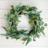 Faux Eucalyptus and Evergreen wreath. Life-like faux holiday greenery. 24" diameter