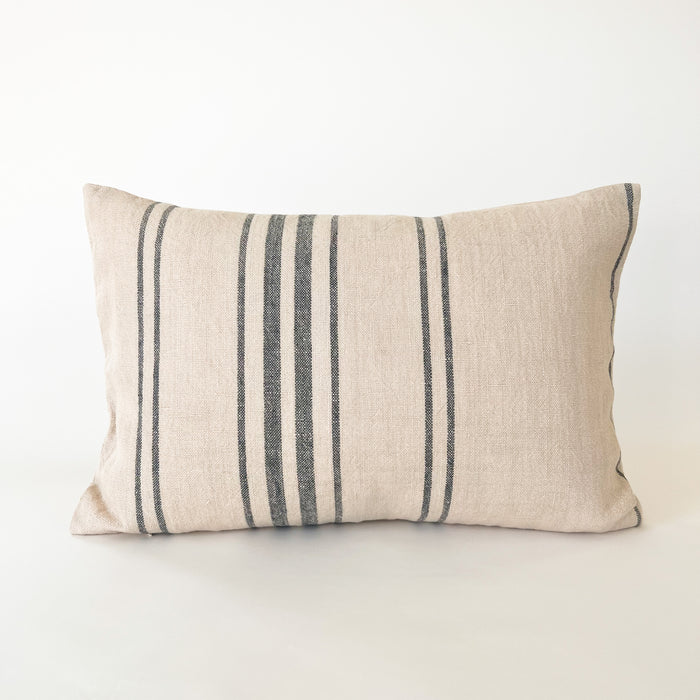 French ticking stripe lumbar pillow in navy and ecru with off center stripes. 14 x 20 inch pillow, down insert included.
