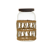 Large clear glass canister with hand woven lattice rattan sleeve. Natural Acacia wood lid with seal keeps dry goods fresh. Holds 45 oz. 7.75" tall, 4.5" diameter.