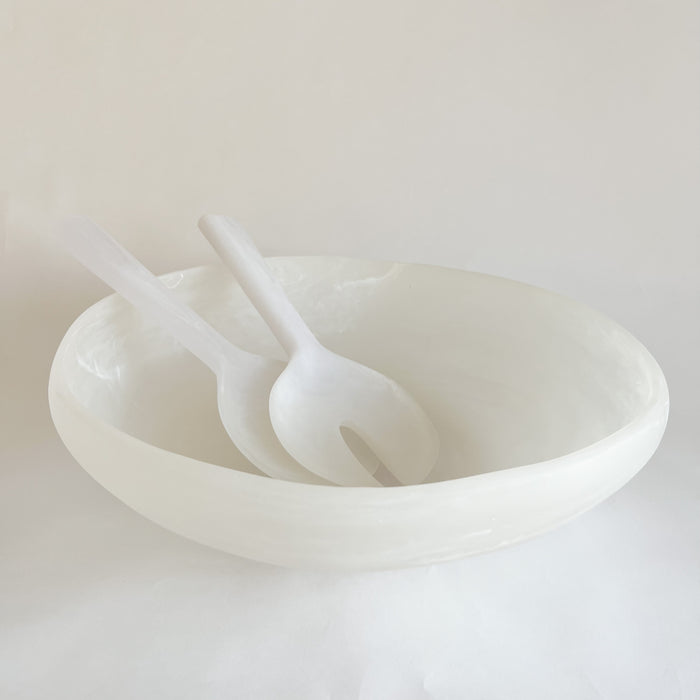 Resin salad servers and large size serving bowl. Shatter resistant white resin. Outdoor serving pieces.