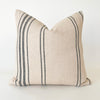 French ticking stripe pillow in navy and ecru. Off centered stripes. 20 x20 inch square pillow, down insert included.