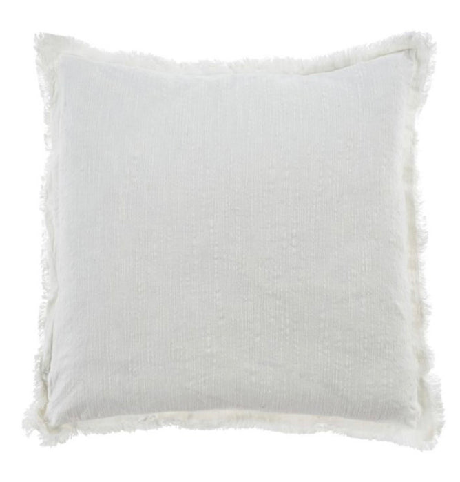 Lina Pillow. Square white cotton pillow with a frayed edge border. Down insert is included. Measures 20" x 20"