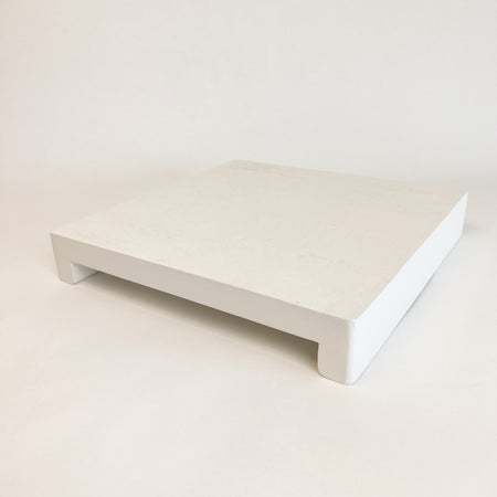 Large white wood pedestal board/riser. Made of mango wood with glossy white finish. Large 12" x 12"x 2".