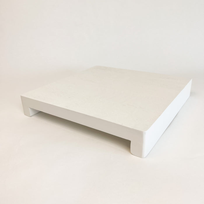 Large white wood serving board/riser. Made of mango wood with glossy white finish. Large 12" x 12"x 2".