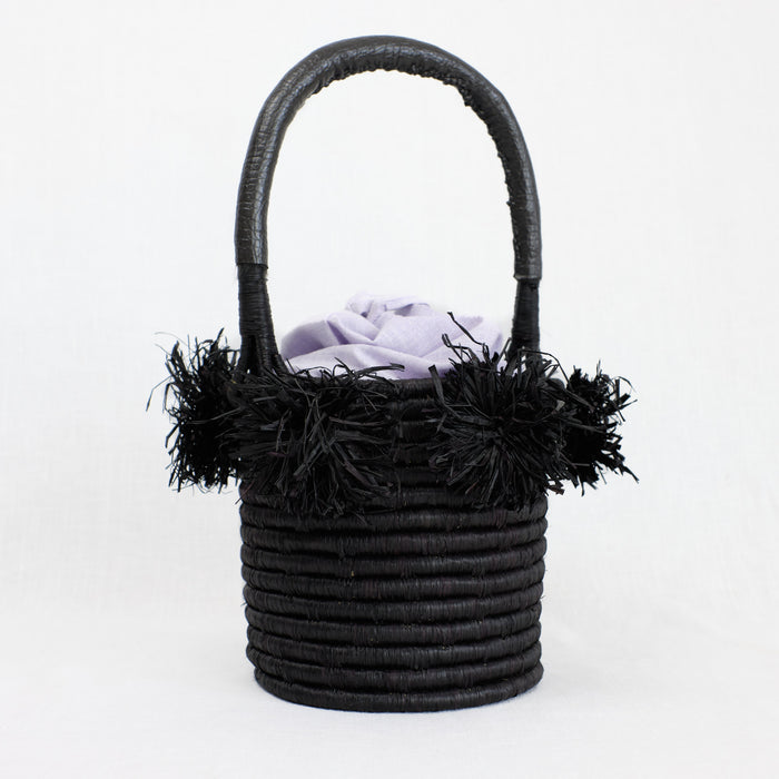 Black mini basket bag with lavender liner
