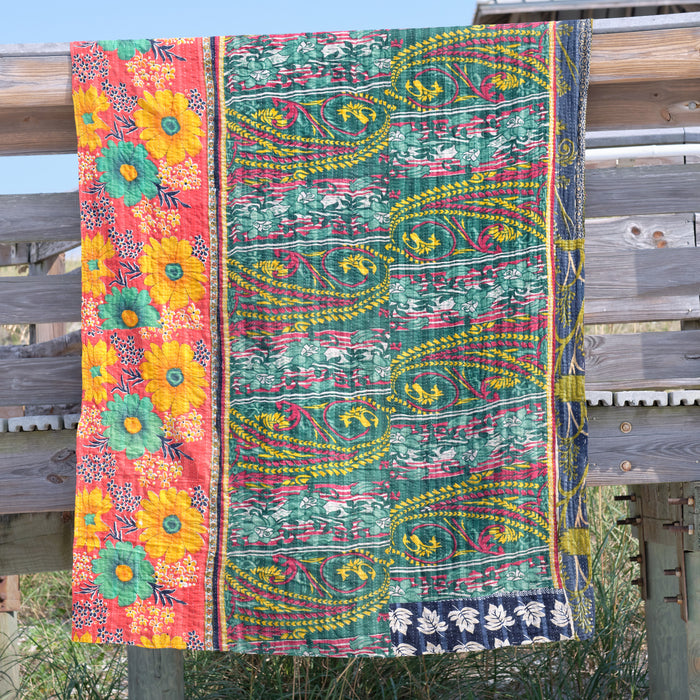 bohemian cotton quilt in pieced Indian prints
