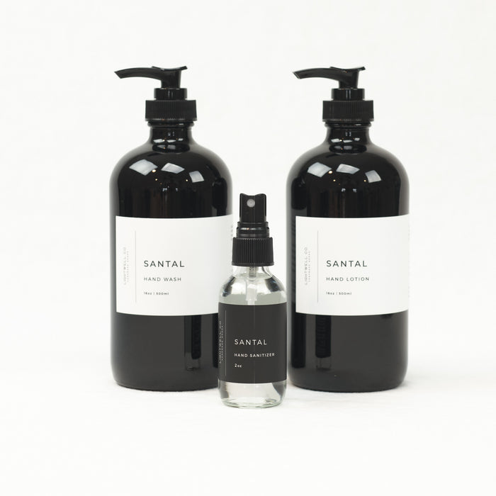 Santal collection of hand wash, hand lotion and hand sanitizer by Lightwell Co. Each sold separately.