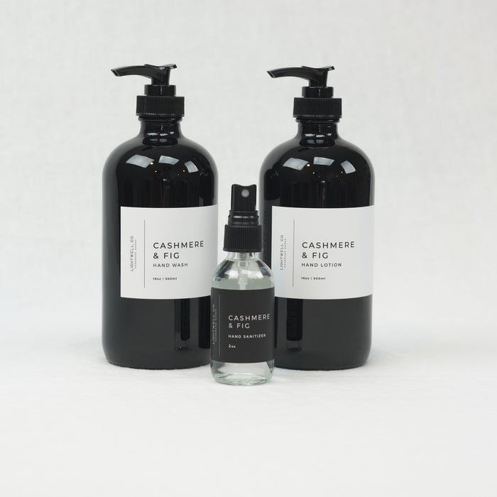Cashmere & Fig collection of hand wash, hand lotion & hand sanitizer by Lightwell Co. Each sold separately.