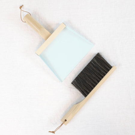 Handbroom & Dustpan set by Andree Jardin . Natural horsehair hand broom with pale blue dust pan.