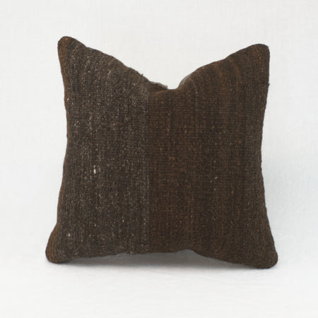 Square vintage wool kilim pillow in espresso brown with dark grey band.