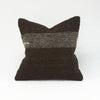 16" square vintage wool kilim pillow in espresso brown with grey stripe. Embroidered accents in ivory and red.