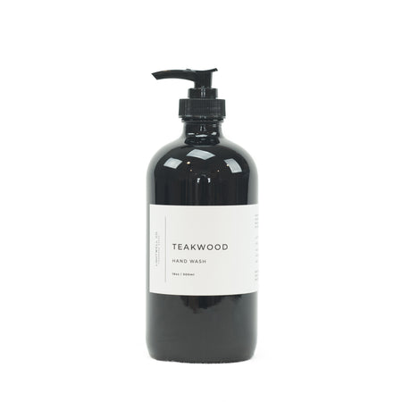 Teakwood Hand Wash by Lightwell & Co. Leaves your hands clean with the scent of amber, patchouli, black pepper and orange. Comes in a 16 oz./500ml black glass bottle with minimalistic label.